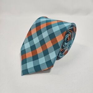 Scott Allan Collection Men's Plaid Tie Teal Orange Microfiber Hand Made